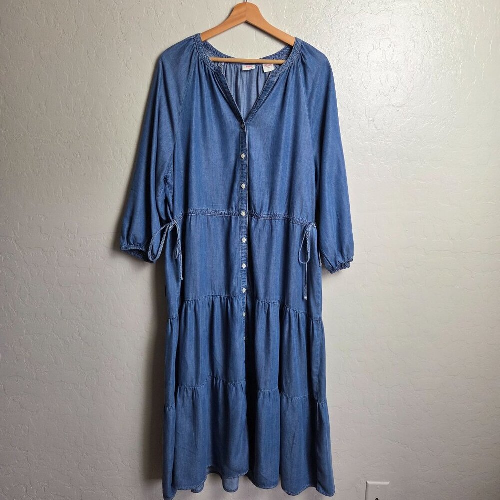 Levi's Cecile Chambray Tiered Midi Dress Blue Lyocell Women's L Cottage Prairie